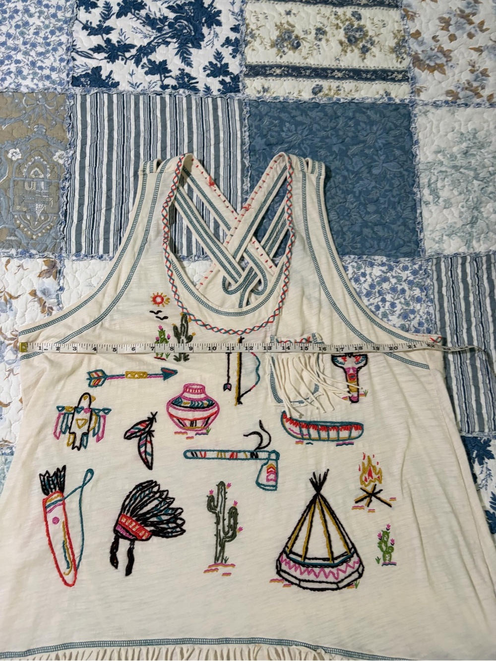 Double D Ranch Cream Embroidered Fringe Tank with Multicolor Southwest Motifs - Picture 3 of 8
